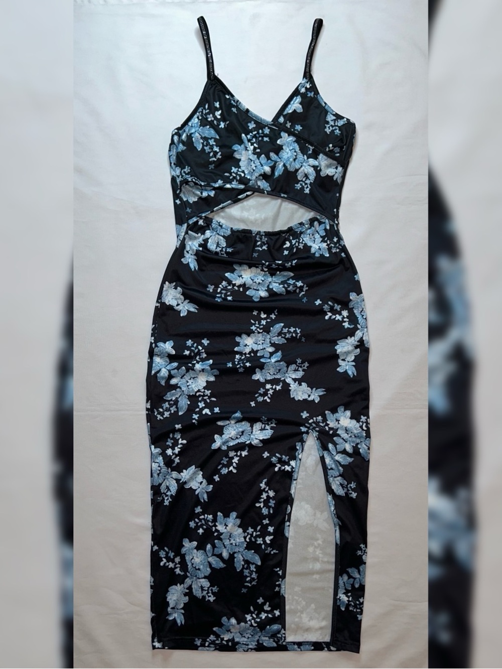 Black Blue Floral Cutout Bodycon Midi Dress Side Slit Spaghetti Strap Cocktail S